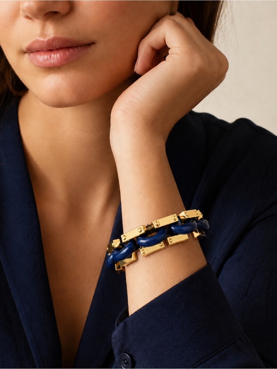 Tory Burch Accessories - Tory Burch Logo Link Chunky Bangle Bracelet Blue Gold Enamel Chain NWT MSRP $299